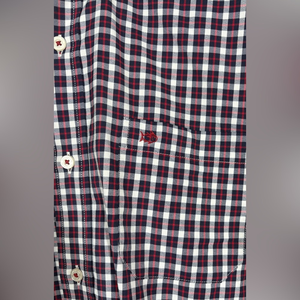 Southern Tide Intercoastal Button Down - Navy, White, & Red Check Men’s Medium - Picture 3 of 8